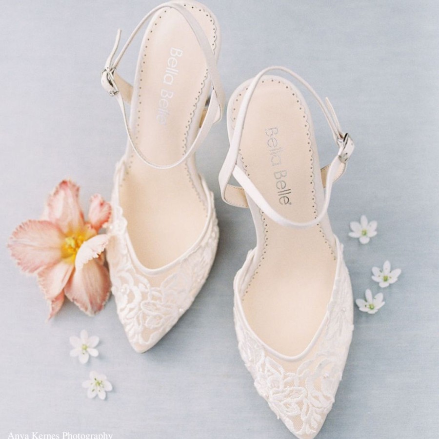 Bridal Bella Belle Shoes | Floral Lace Low Heel Shoes With Pearl Accents Ivory