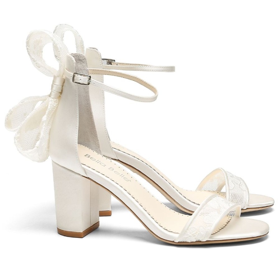 Bridal Bella Belle Shoes | Lace Open Toe Block Heels With Bow Ivory