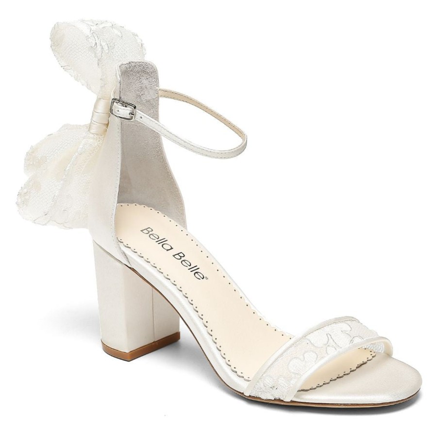 Bridal Bella Belle Shoes | Lace Open Toe Block Heels With Bow Ivory