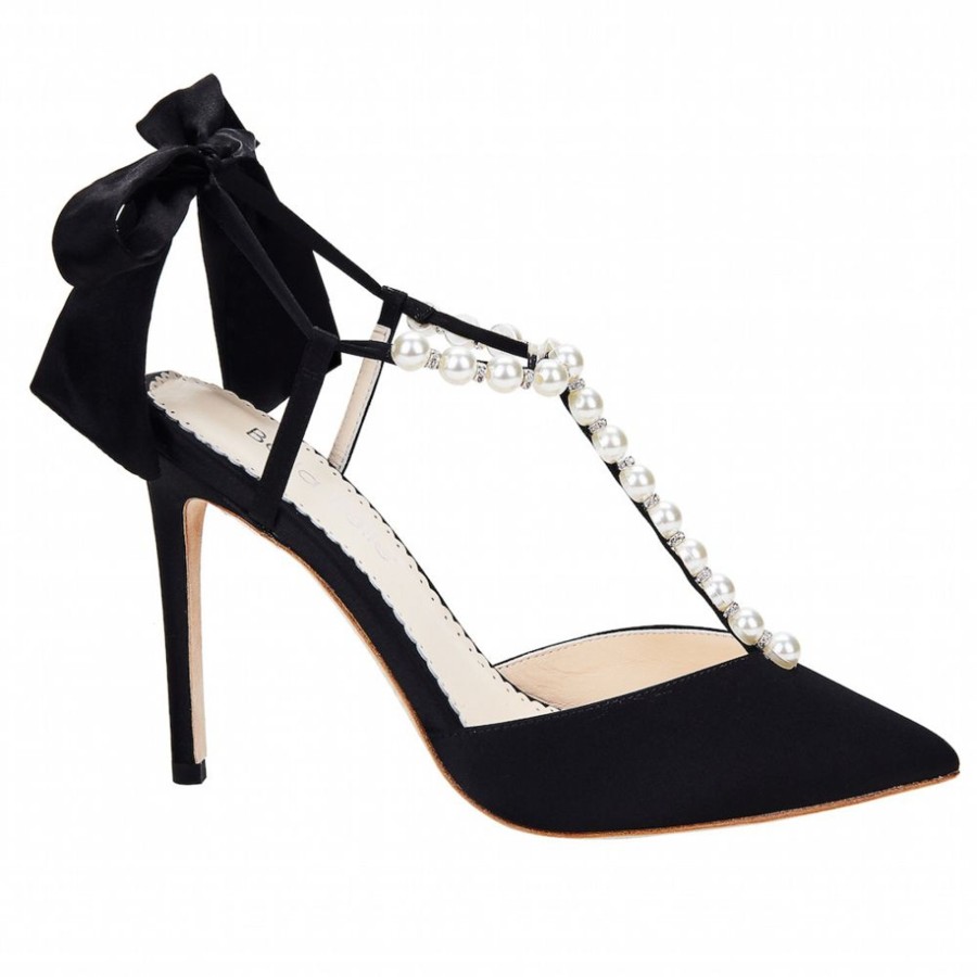 Non-Bridal Bella Belle Shoes | T-Strap Heels With Pearls And Ankle Straps Black