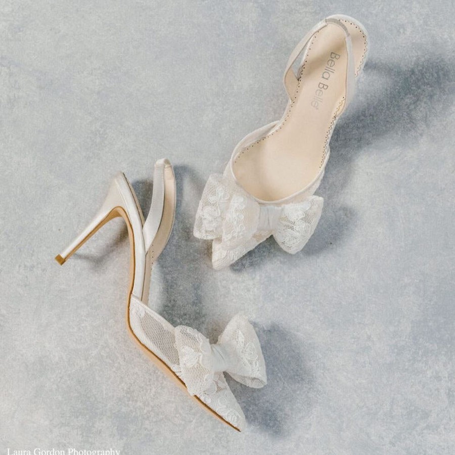 Bridal Bella Belle Shoes | Lace Slingback Wedding Shoes With Bow Ivory