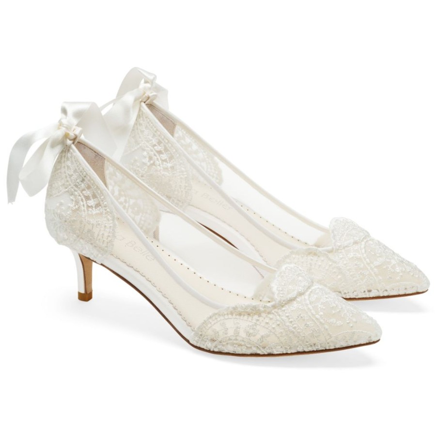 Bridal Bella Belle Shoes | Alencon Embroidered Low Heel Lace Wedding Shoes Ivory