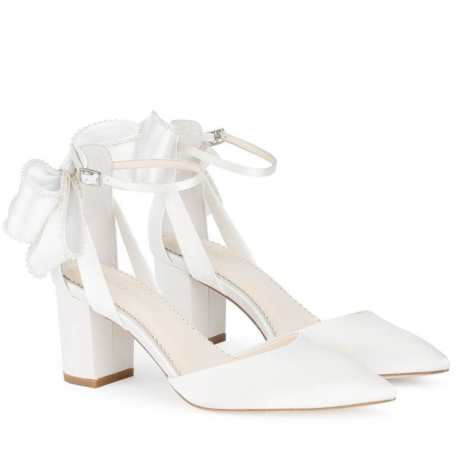 Bridal Bella Belle Shoes | Ankle Strap Pearl Bow Block Heels Ivory