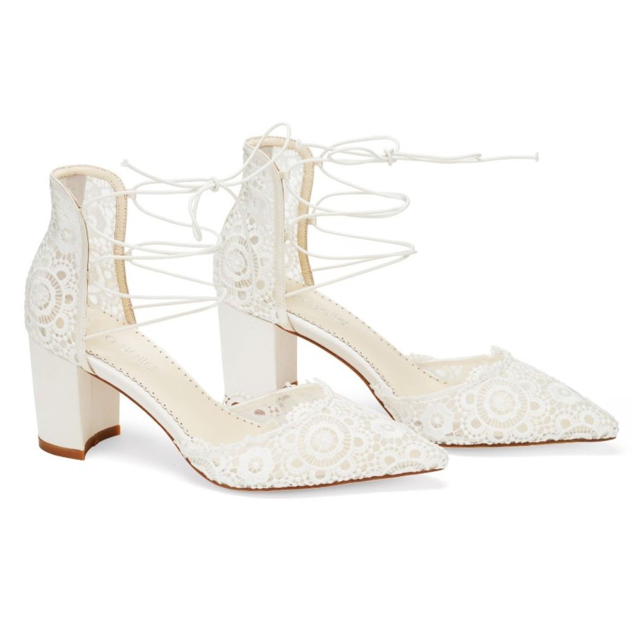 Bridal Bella Belle Shoes | Spanish Inspired Floral Lace, Lace Up Block Heels Ivory