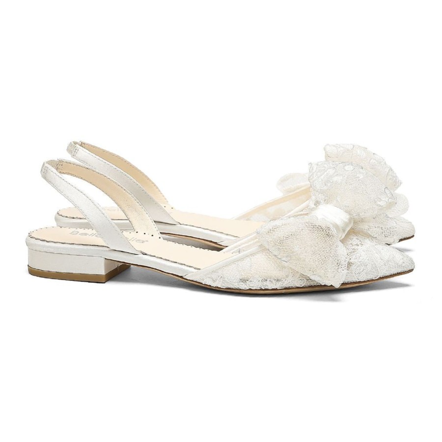 Bridal Bella Belle Shoes | Flat Lace Slingback Wedding Shoes With Bow Ivory