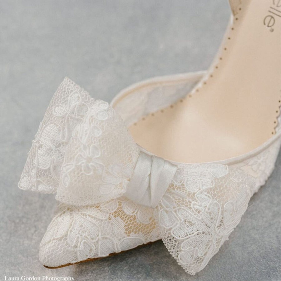 Bridal Bella Belle Shoes | Flat Lace Slingback Wedding Shoes With Bow Ivory