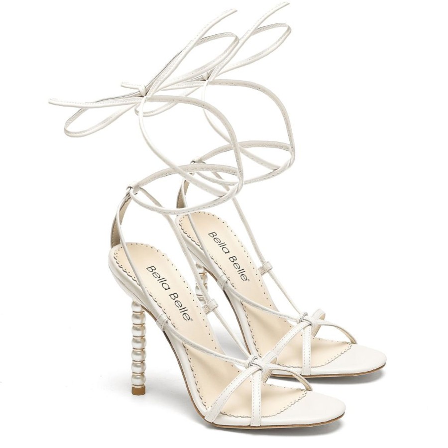 Bridal Bella Belle Shoes | White Tie Up Pearl Heel Shoes Ivory