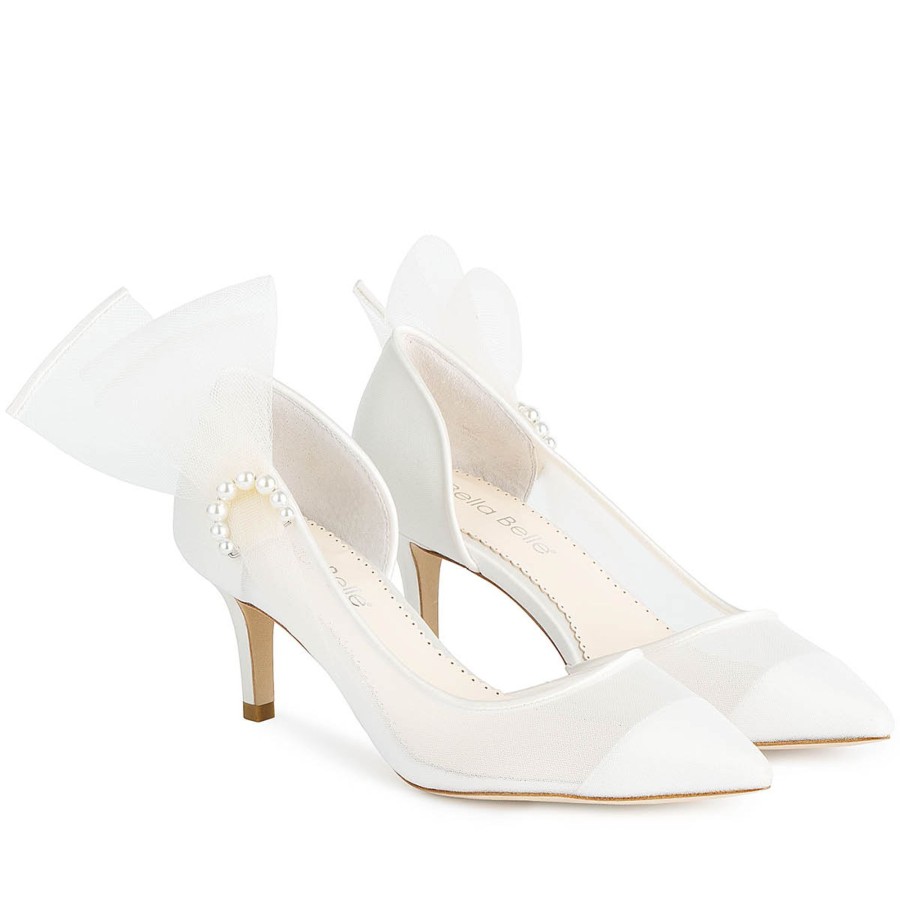 Bridal Bella Belle Shoes | Pearl Accent Closed Toe Kitten Heels With Grosgrain Bows Ivory