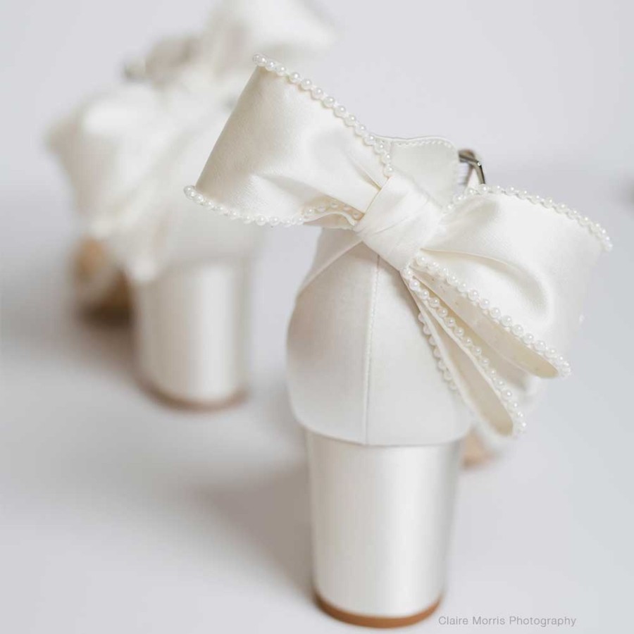 Bridal Bella Belle Shoes | Ankle Strap Pearl Bow Block Heels Ivory