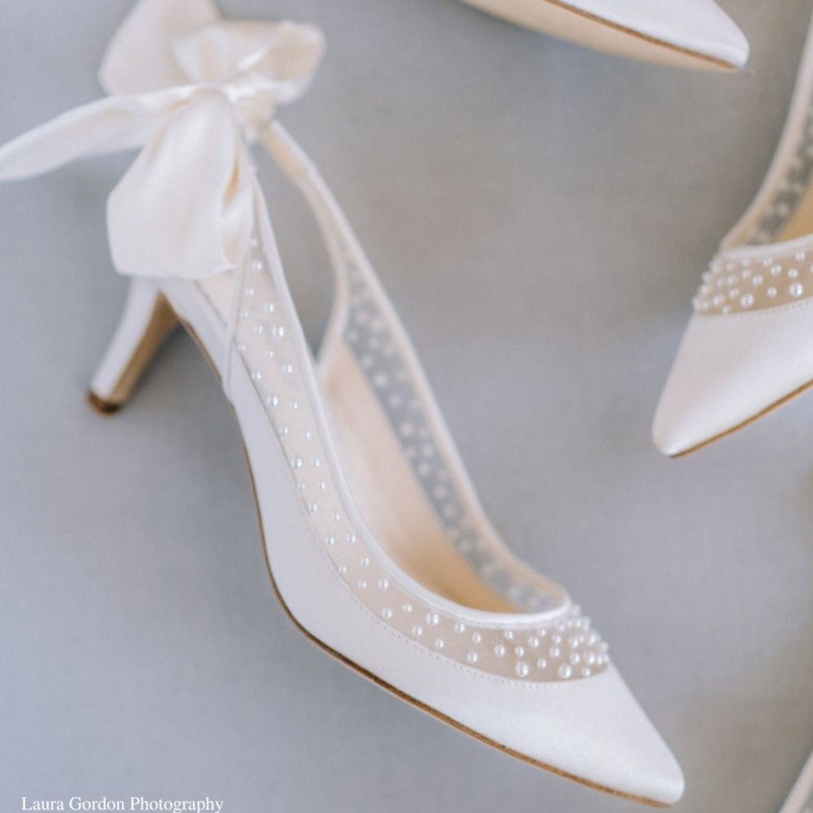 Bridal Bella Belle Shoes | Low Heel Pearl Slingback Shoes With Silk Heel Bow Ivory