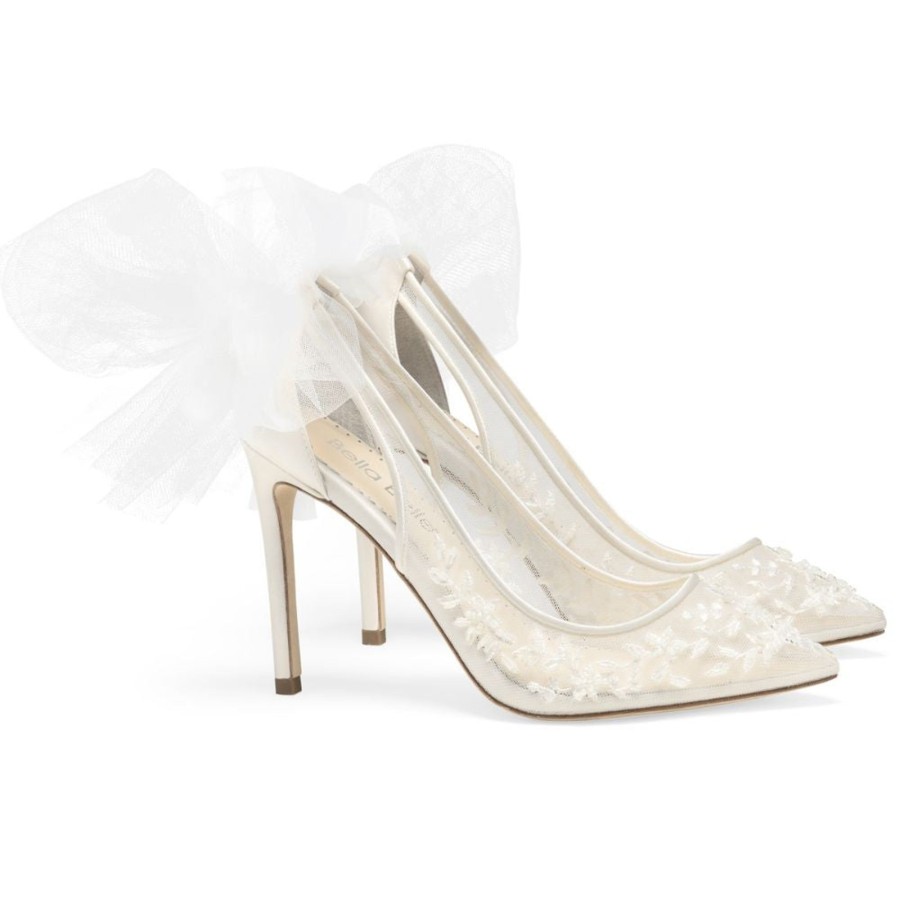 Bridal Bella Belle Shoes | Beaded Illusion Mesh Lace High Heels With Removable Bow Ivory