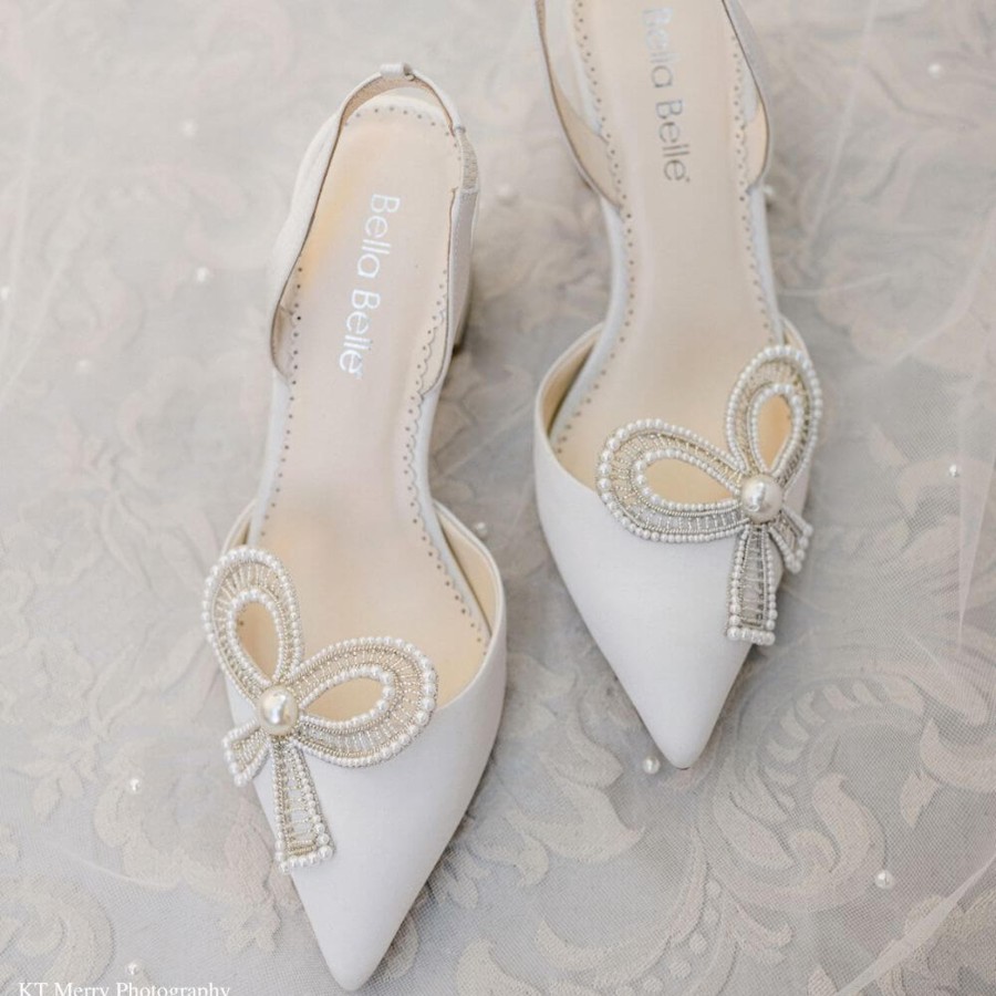 Bridal Bella Belle Shoes | Slingback Wedding Shoes With Bow And Block Heel (Includes Removable Ankle Strap) Ivory