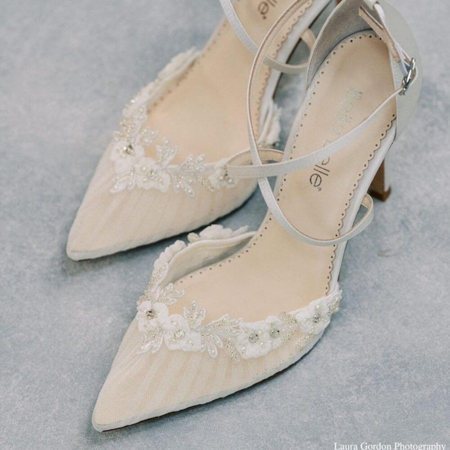 Bridal Bella Belle Shoes | Pleated Tulle Crisscross Strap Heels With Crystals And Beads Floral Trim Ivory