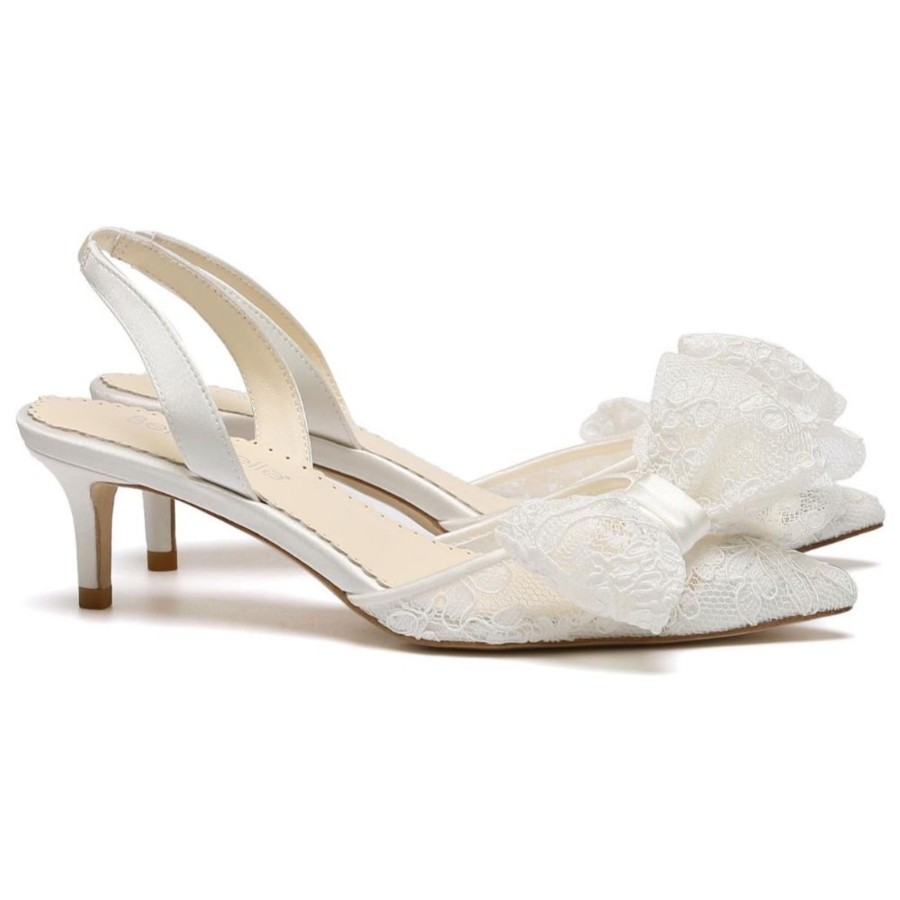 Bridal Bella Belle Shoes | Lace Bow Slingback Kitten Heel Ivory