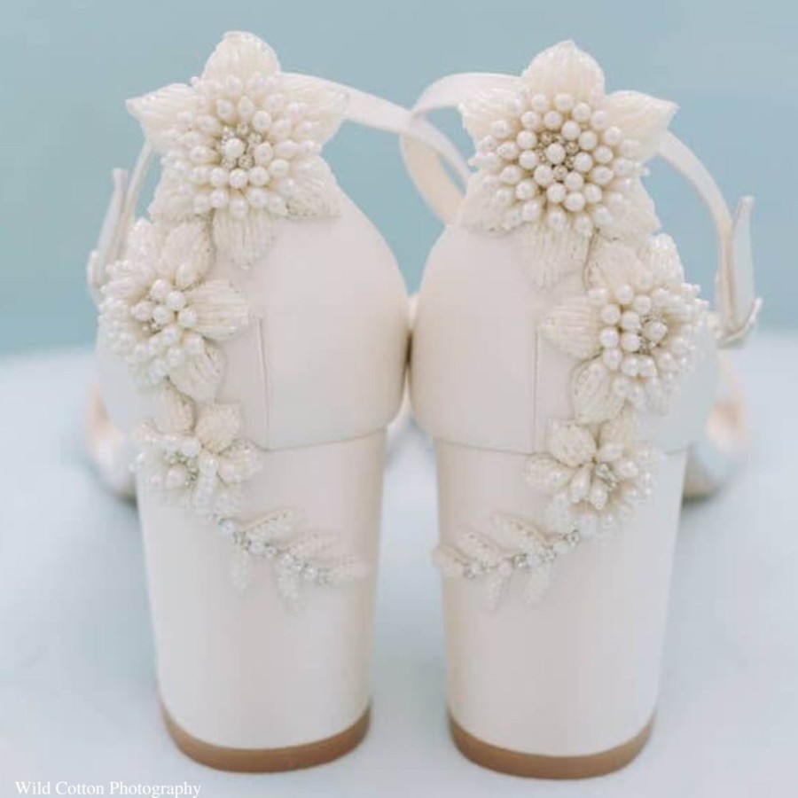 Bridal Bella Belle Shoes | 3D Embellished Block Heel Floral Wedding Shoes For Bride Ivory