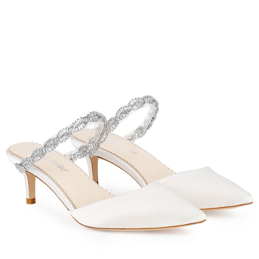 Bridal Bella Belle Shoes | Low Heel Bridal Mules With Crystal Straps Ivory