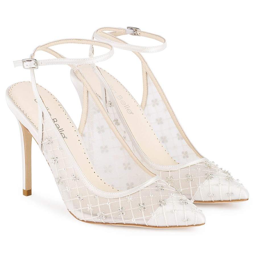 Bridal Bella Belle Shoes | Ankle Strap Argyle Patterned Wedding Shoes With Crystals And Pearls Ivory