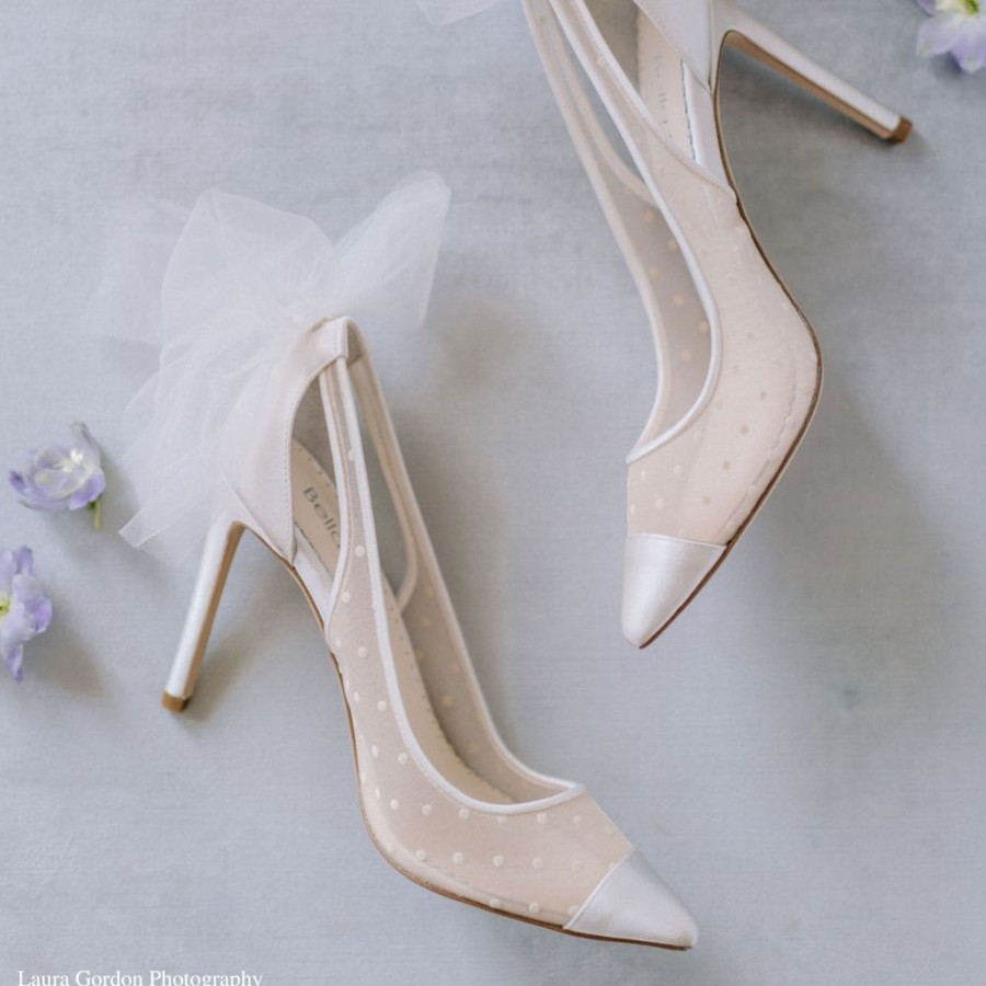 Bridal Bella Belle Shoes | Swiss Dot Illusion Mesh Tulle Heels With Bow Ivory