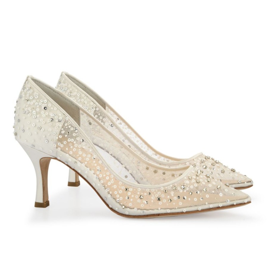 Bridal Bella Belle Shoes | Crystal & Sequin Illusion Mesh Sparkly Kitten Heels Ivory