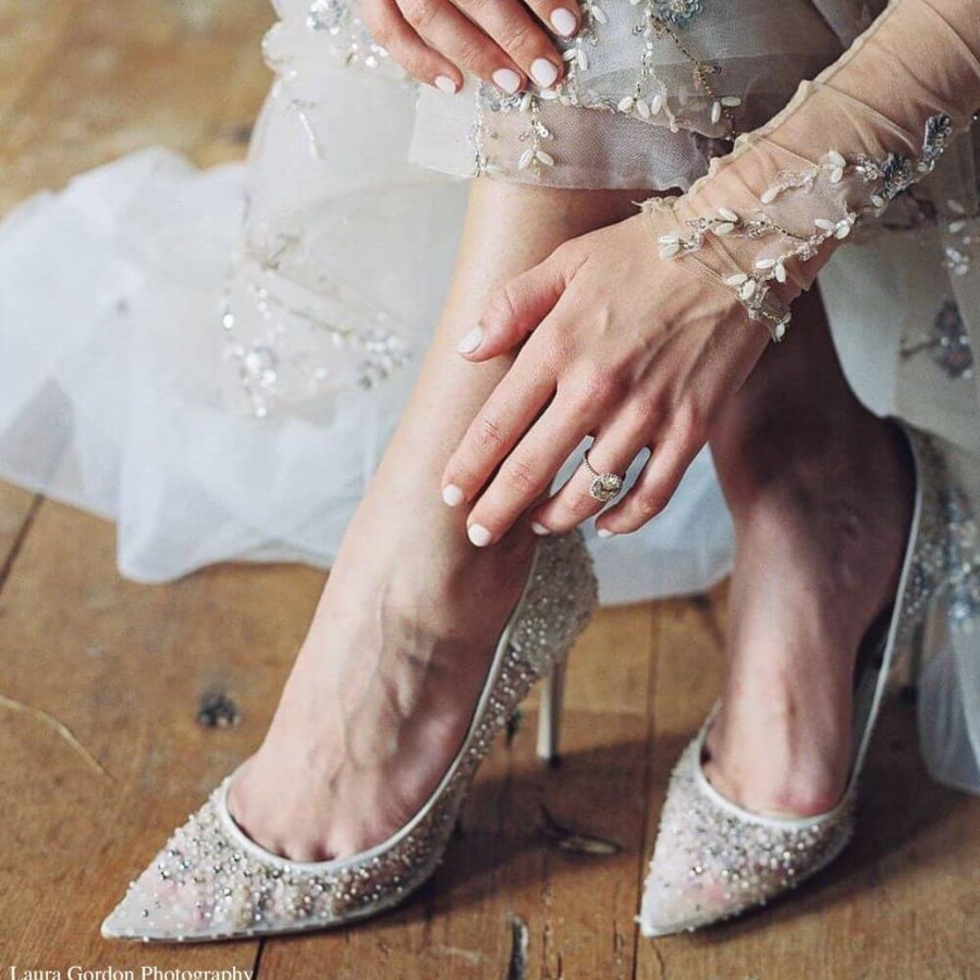 Bridal Bella Belle Shoes | Crystal & Sequin Illusion Mesh Sparkly Kitten Heels Ivory