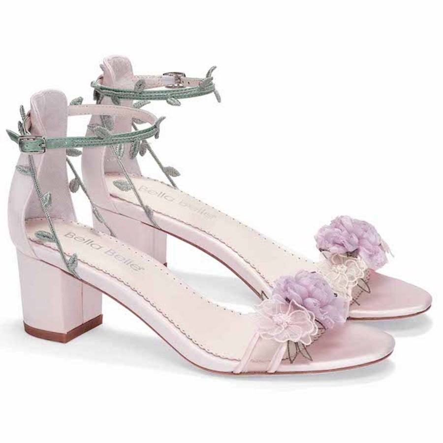 Non-Bridal Bella Belle Shoes | Block Garden Party Heels With Chiffon Flowers Blush