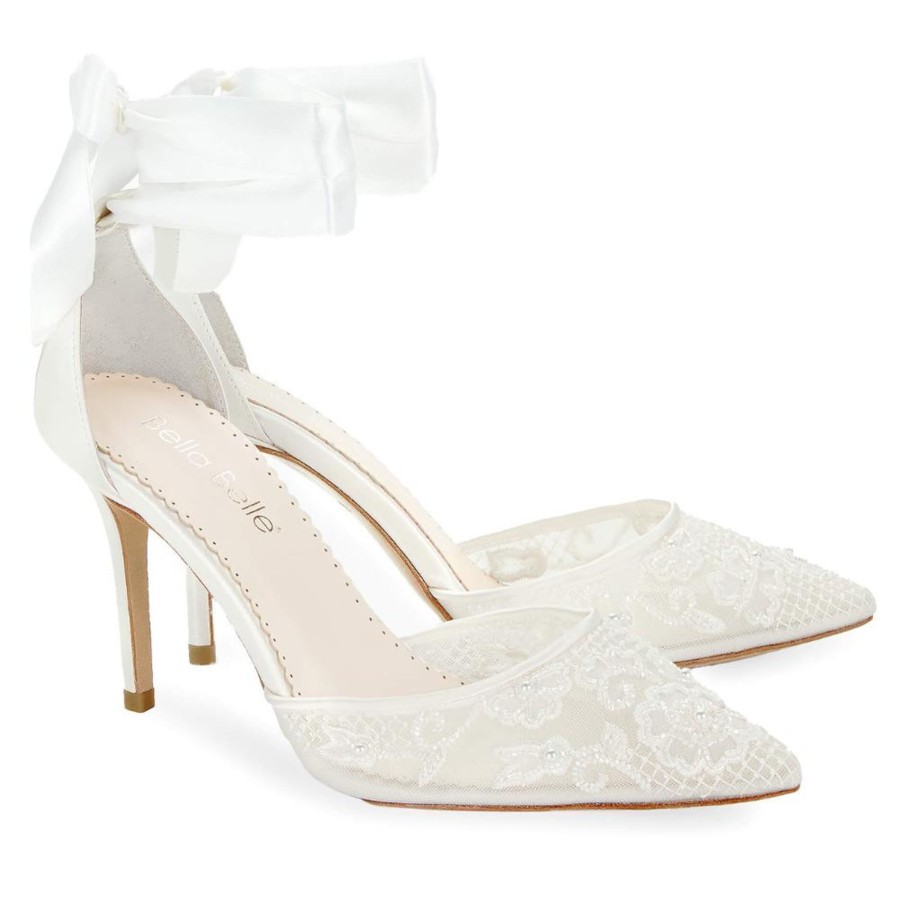 Bridal Bella Belle Shoes | Ankle Wrap Lace Wedding Shoes With Pearls Ivory