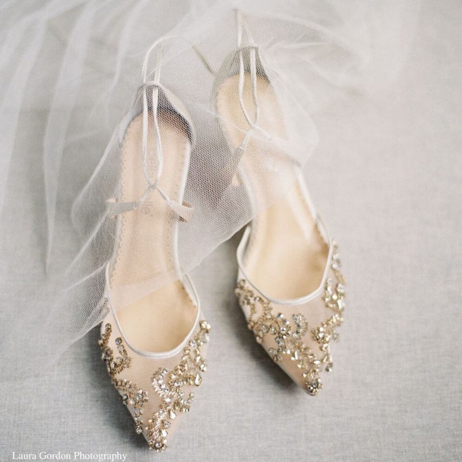 Non-Bridal Bella Belle Shoes | Champagne Kitten Heels With Crystals Gold