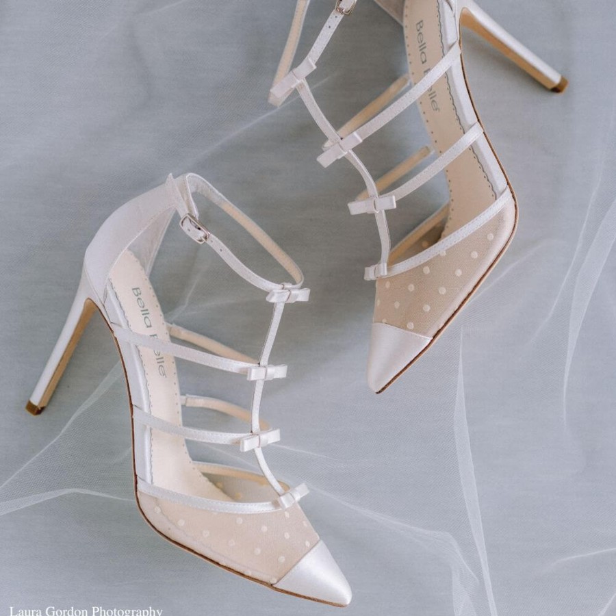 Bridal Bella Belle Shoes | Caged Strappy Bridal Shoes With Subtle Bow Lined T-Straps Ivory