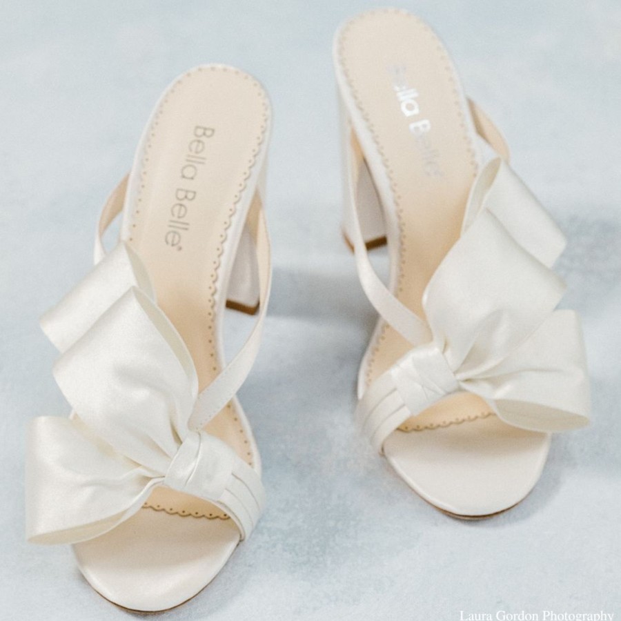 Bridal Bella Belle Shoes | Low Block Heel Mules With Asymmetric Bows Ivory