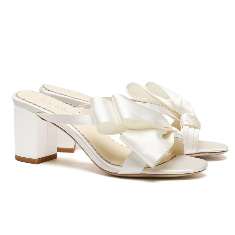 Bridal Bella Belle Shoes | Low Block Heel Mules With Asymmetric Bows Ivory