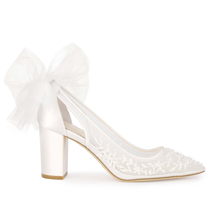 Bridal Bella Belle Shoes | Slingback Block Heel Wedding Shoes With Tulle Bow Ivory