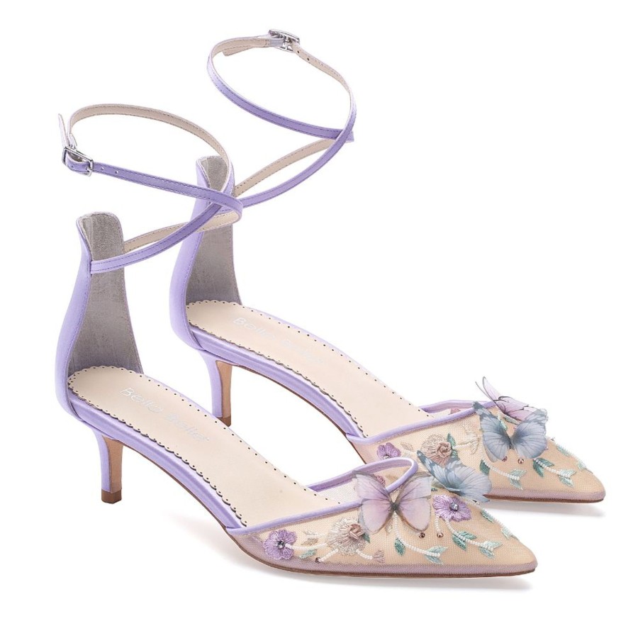 Non-Bridal Bella Belle Shoes | Chiffon Butterfly Kitten Heels With Ankle Straps Lavender