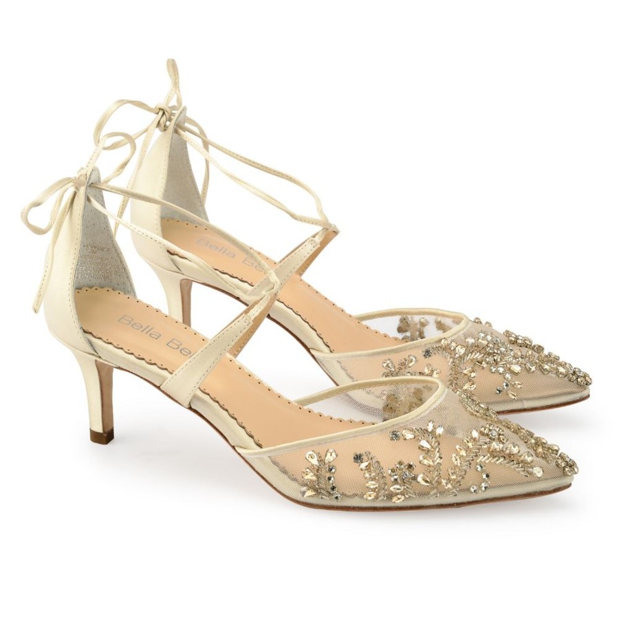 Bridal Bella Belle Shoes | Champagne Kitten Heels With Crystals Gold