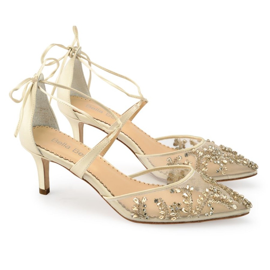 Bridal Bella Belle Shoes | Champagne Kitten Heels With Crystals Gold