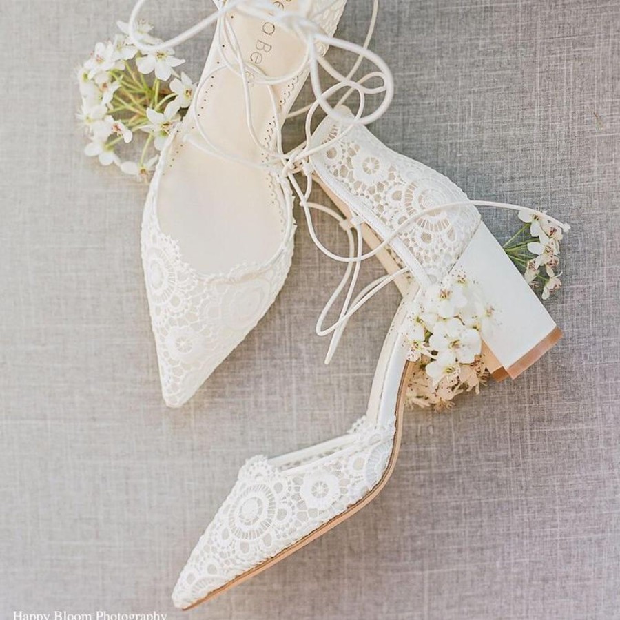 Bridal Bella Belle Shoes | Spanish Inspired Floral Lace, Lace Up Block Heels Ivory