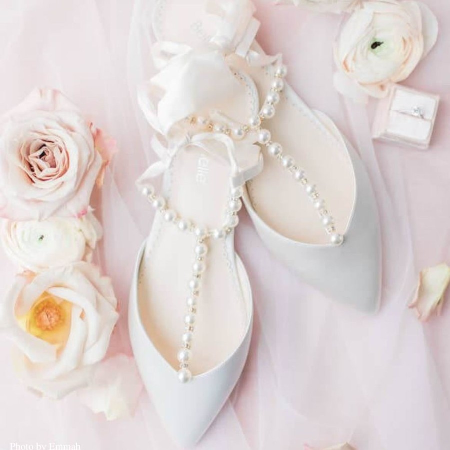 Bridal Bella Belle Shoes | T-Strap Pearl Kitten Heels With Silk Ankle Bow Ivory