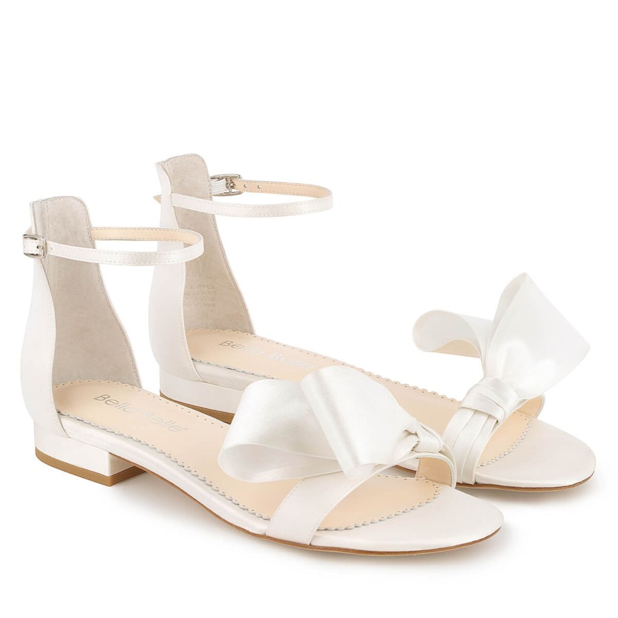 Bridal Bella Belle Shoes | Ankle Strap Open Toe Flats For Wedding With Asymmetric Bow Ivory