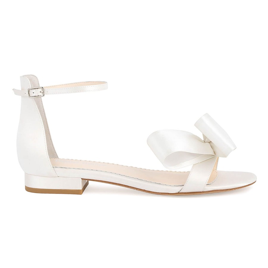 Bridal Bella Belle Shoes | Ankle Strap Open Toe Flats For Wedding With Asymmetric Bow Ivory