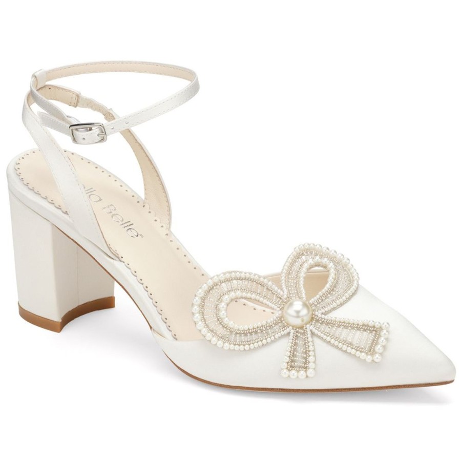 Bridal Bella Belle Shoes | Slingback Wedding Shoes With Bow And Block Heel (Includes Removable Ankle Strap) Ivory