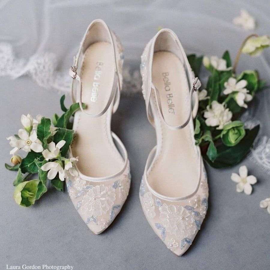 Bridal Bella Belle Shoes | Block Heel Wedding Shoes With Blue Leaves And Flower Buds Ivory