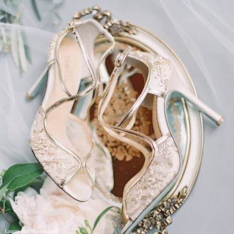 Non-Bridal Bella Belle Shoes | Lace Heels, Blue Sole Shoes Gold