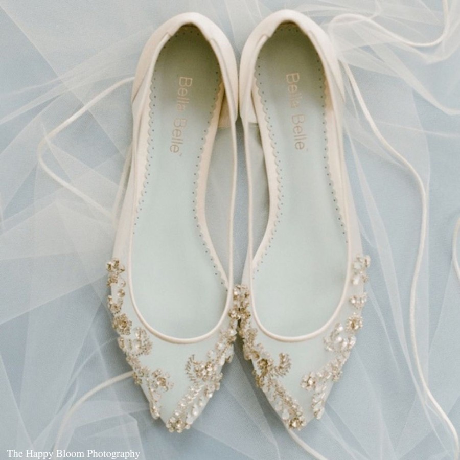 Bridal Bella Belle Shoes | Crystal Embellished Clear Flats With Rhinestones And Blue Insole Ivory