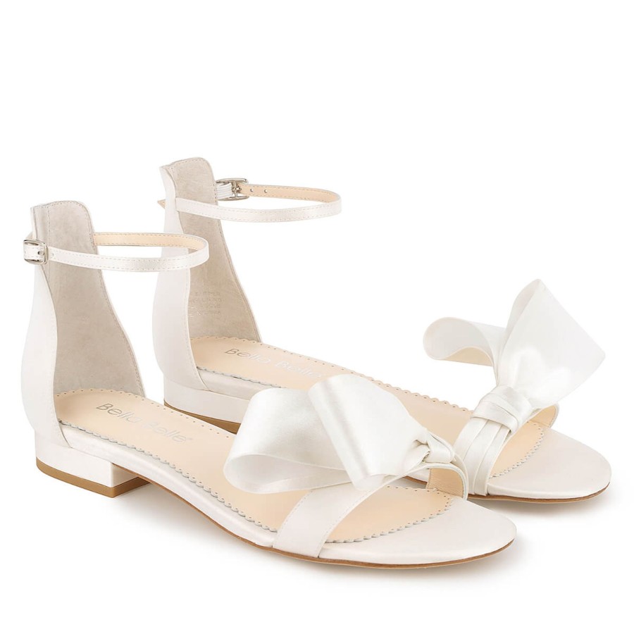 Bridal Bella Belle Shoes | Ankle Strap Open Toe Flats For Wedding With Asymmetric Bow Ivory