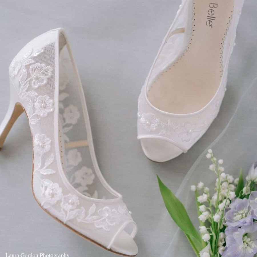 Bridal Bella Belle Shoes | Floral Lace Peep Toe Pump Ivory