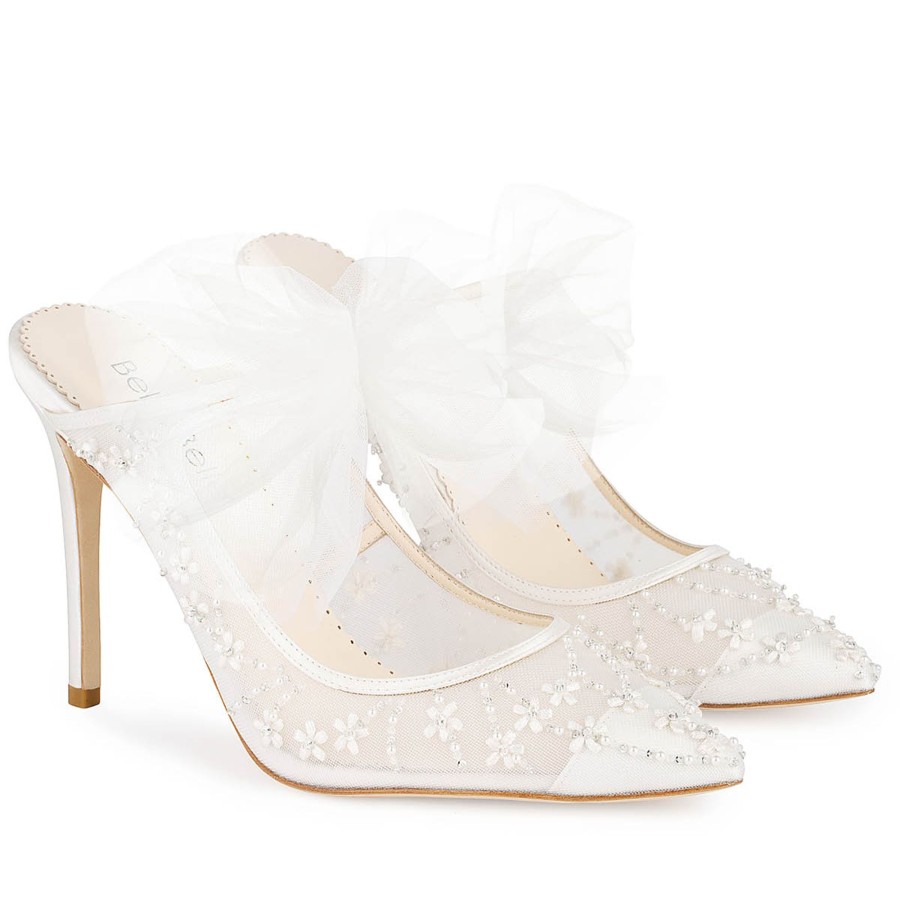 Bridal Bella Belle Shoes | Mule Heels With Flower Embroidered Illusion Mesh And Tulle Bow Ivory