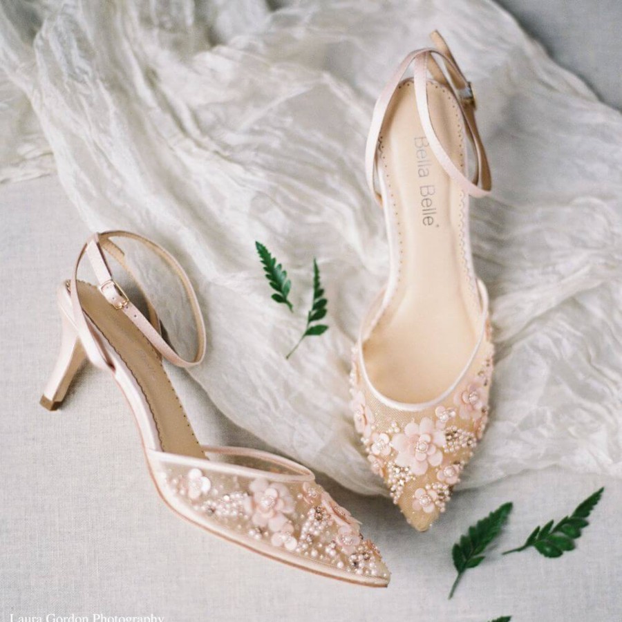 Non-Bridal Bella Belle Shoes | Low Pink Heels With 3D Flowers And Beading Blush