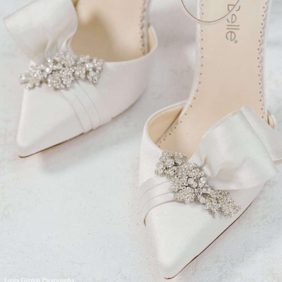 Bridal Bella Belle Shoes | Crystal Flower Embellished Block Heels With Asymmetric Bow Ivory