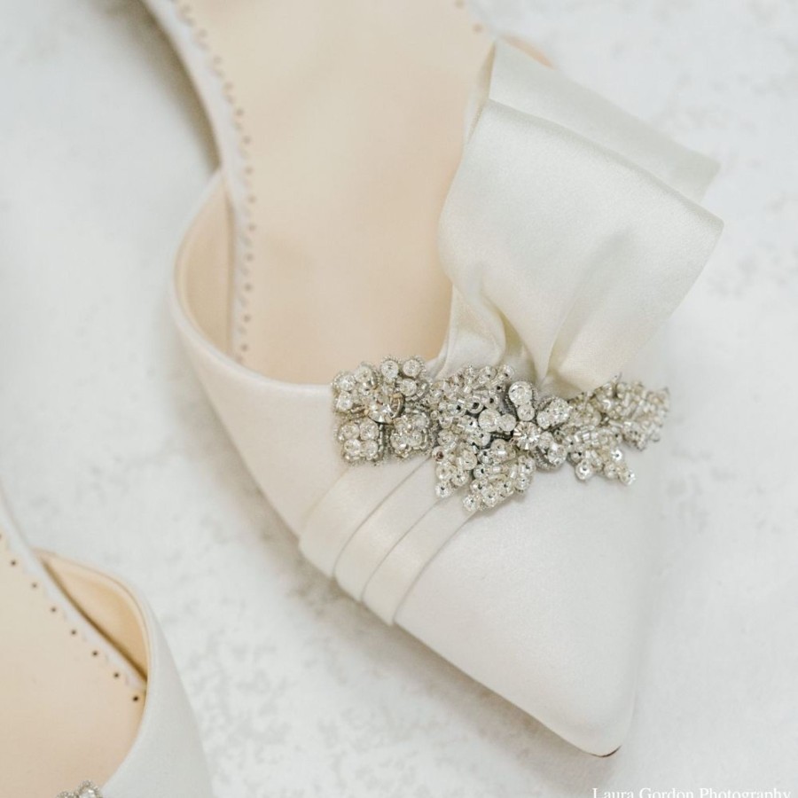 Bridal Bella Belle Shoes | Jeweled Wedding Flats With Ankle Straps And Asymmetrical Bows Ivory