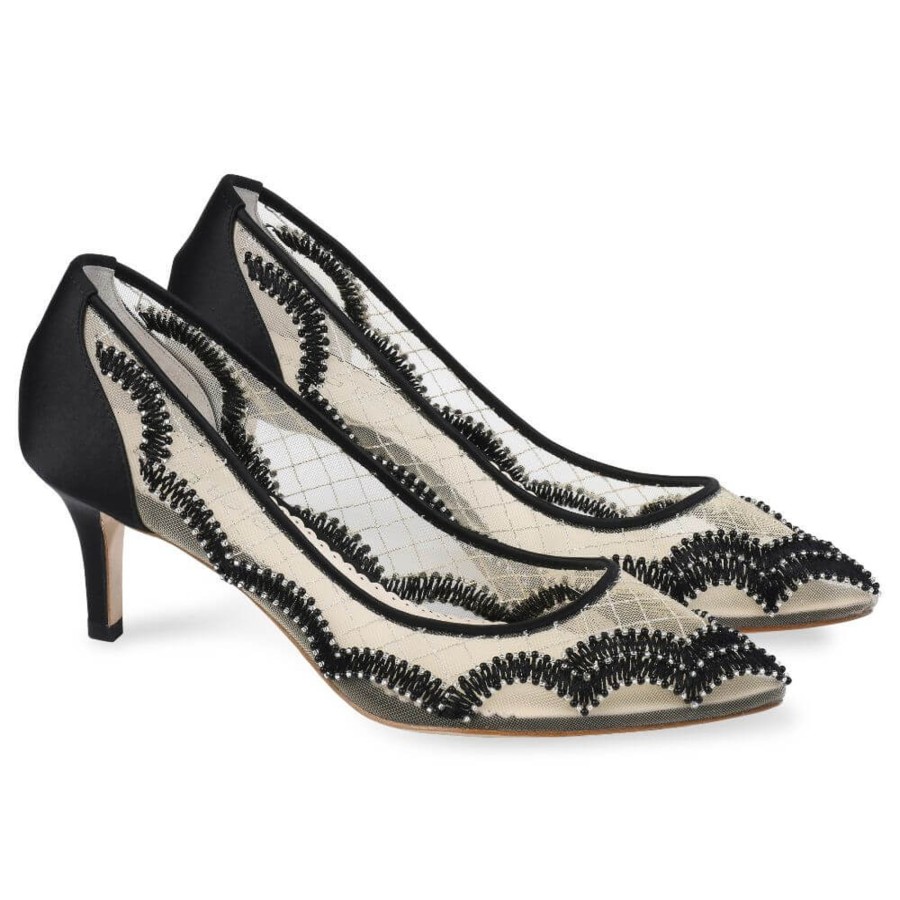 Non-Bridal Bella Belle Shoes | Mesh Kitten Heels Embroidered With Arches And Pearls Black