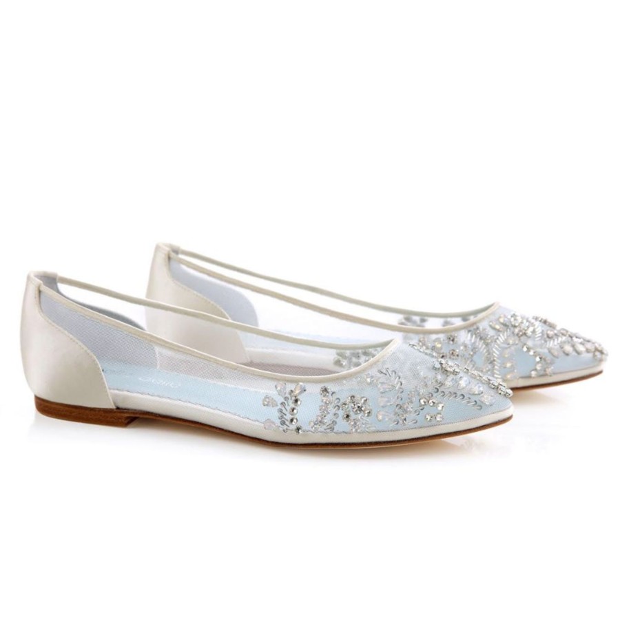 Bridal Bella Belle Shoes | Crystal Embellished Clear Flats With Rhinestones And Blue Insole Ivory